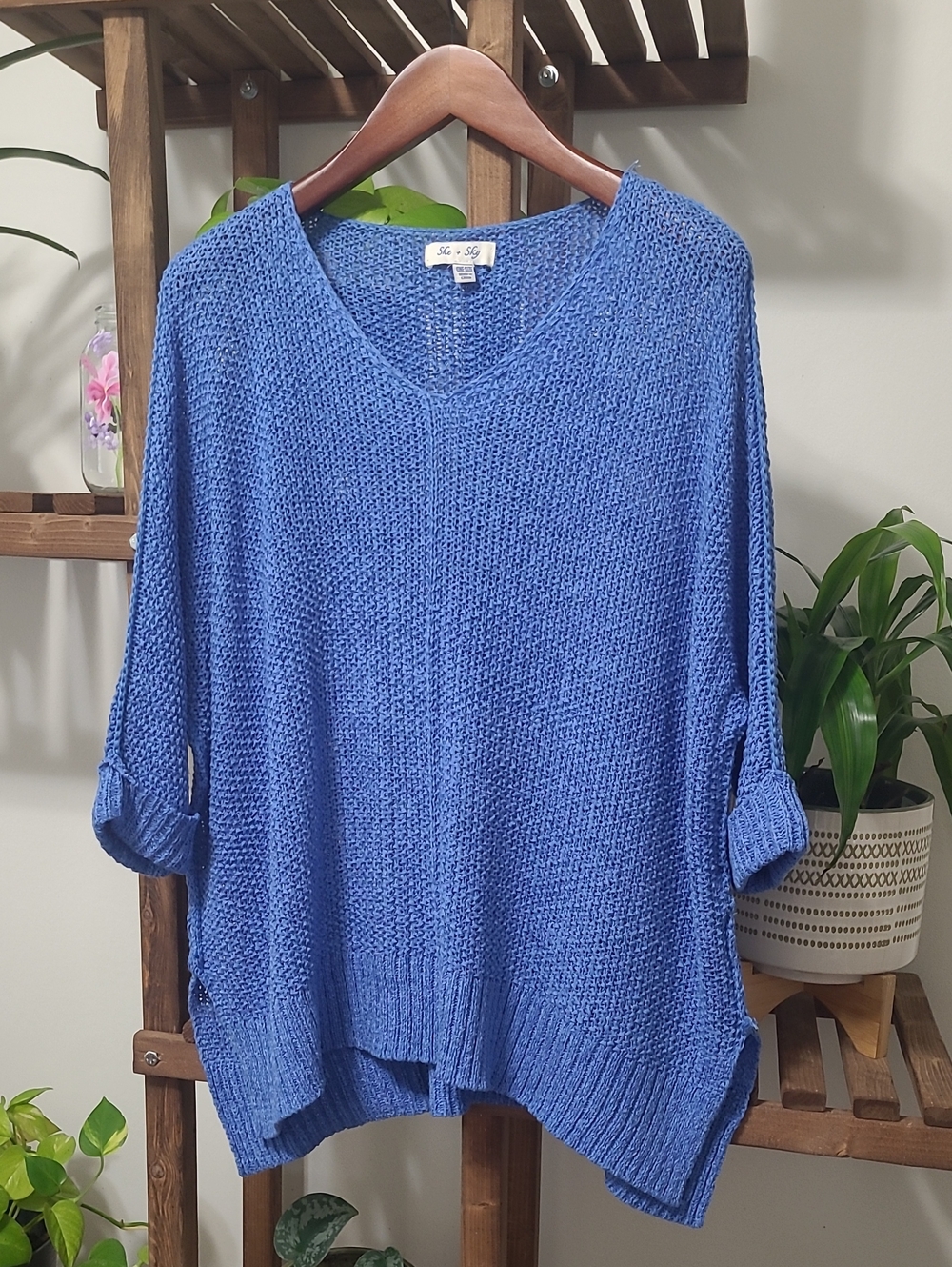 Bright Blue Open Knit Oversized Split Hem V-neck Sweater